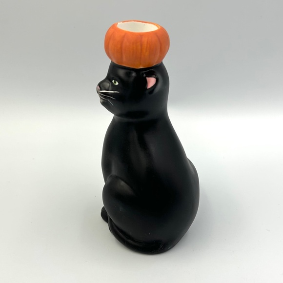 Halloween Black Cat Taper Candle Holder Pumpkin Hollow Oneida Ceramic - Picture 3 of 7